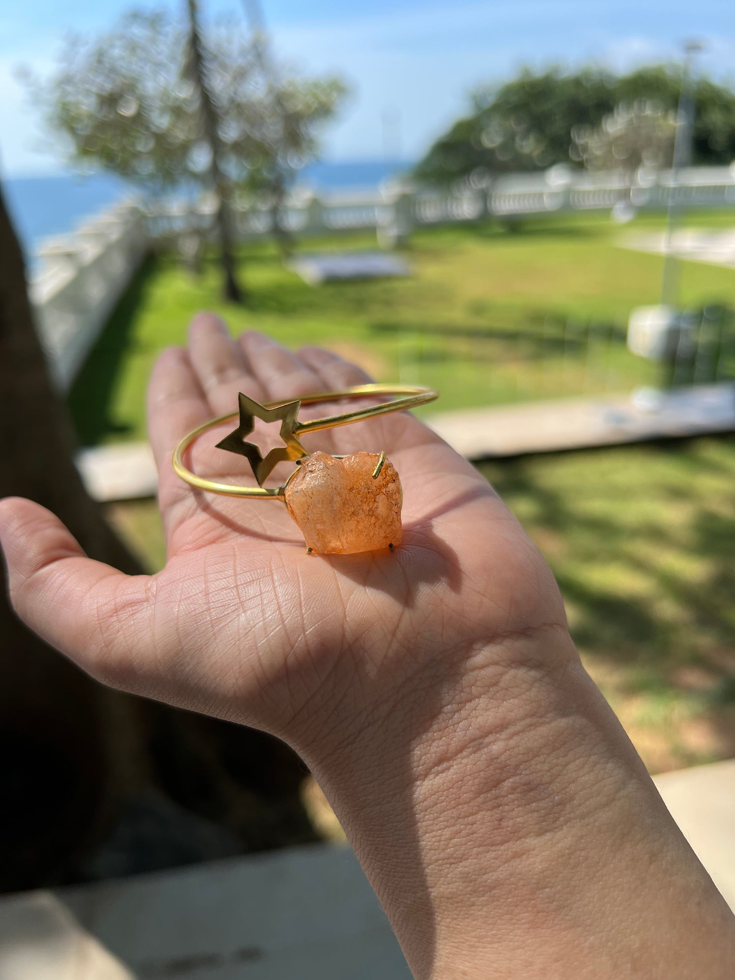 Gold Plated Raw Stone and Star Bangle