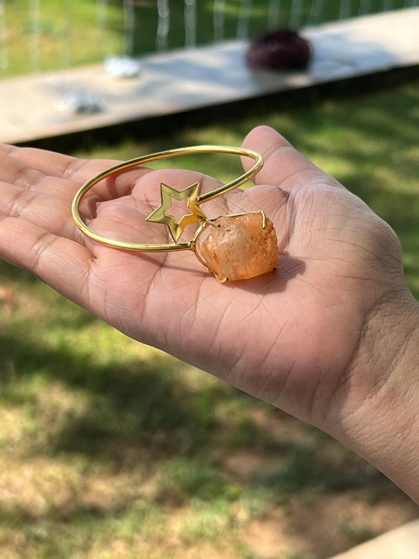 Gold Plated Raw Stone and Star Bangle