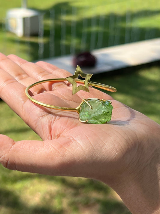 Gold Plated Green Raw Stone and Star Bangle