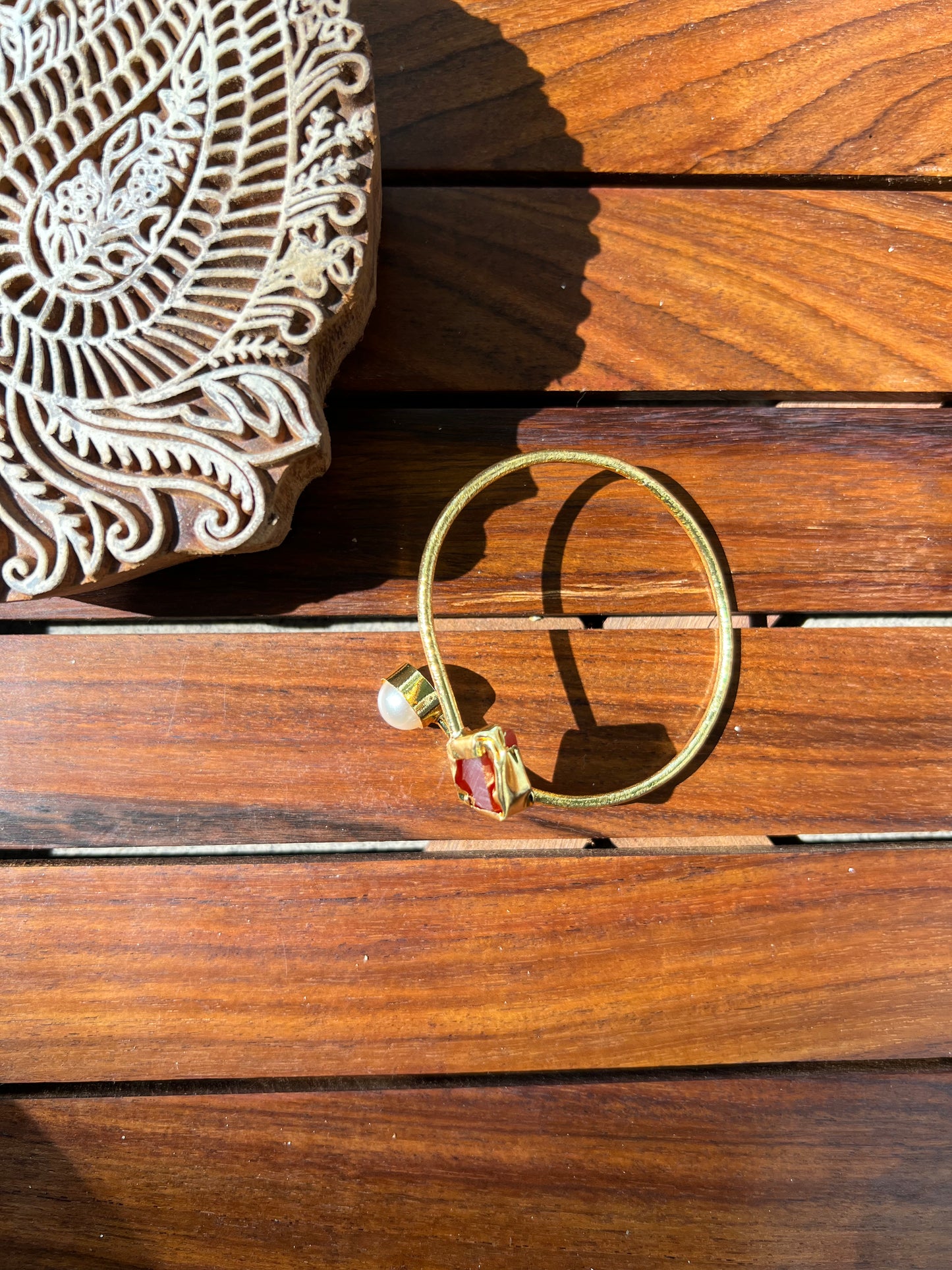 Gold Plated Raw Stone and Pearl Bangle