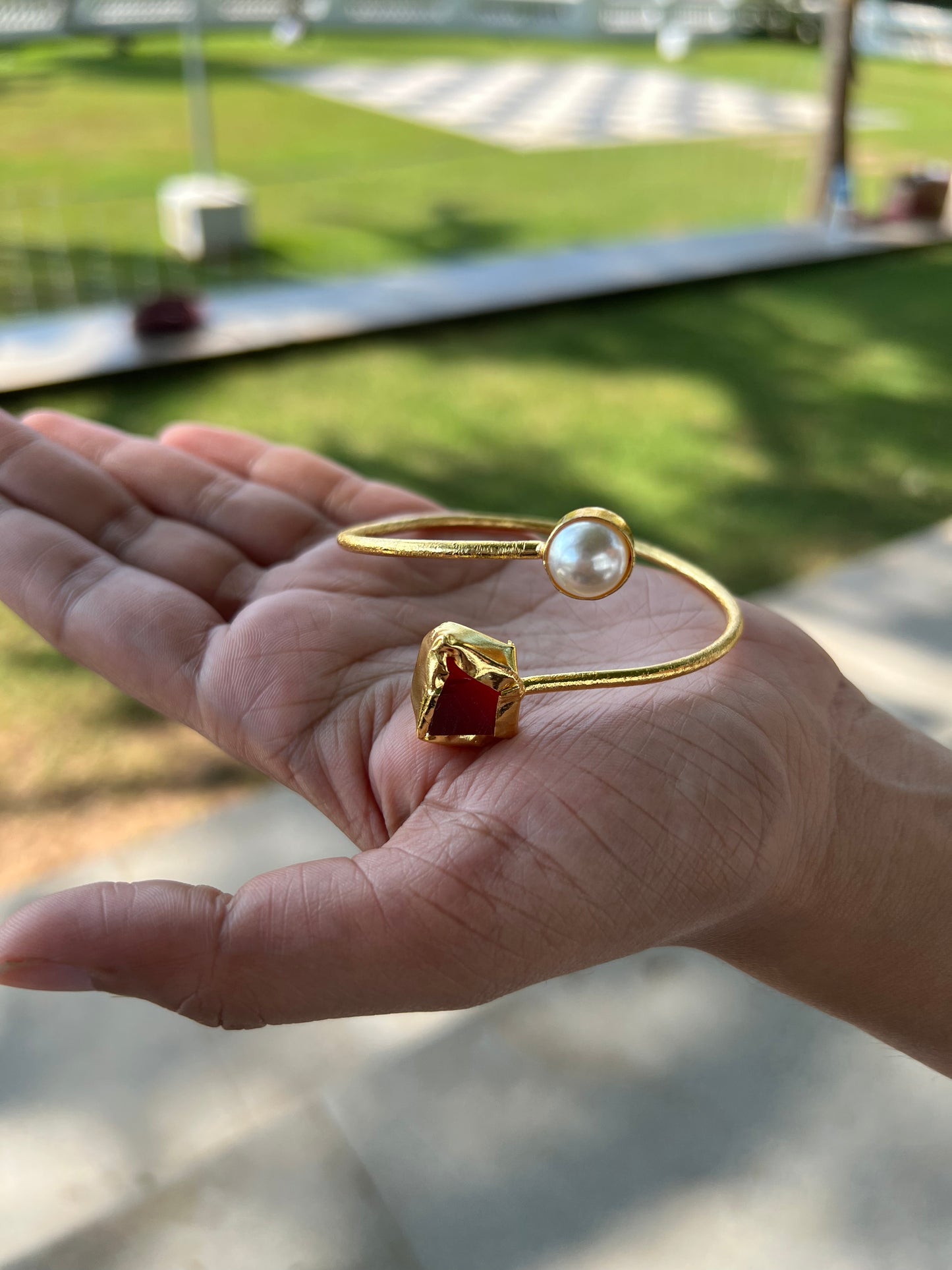 Gold Plated Raw Stone and Pearl Bangle