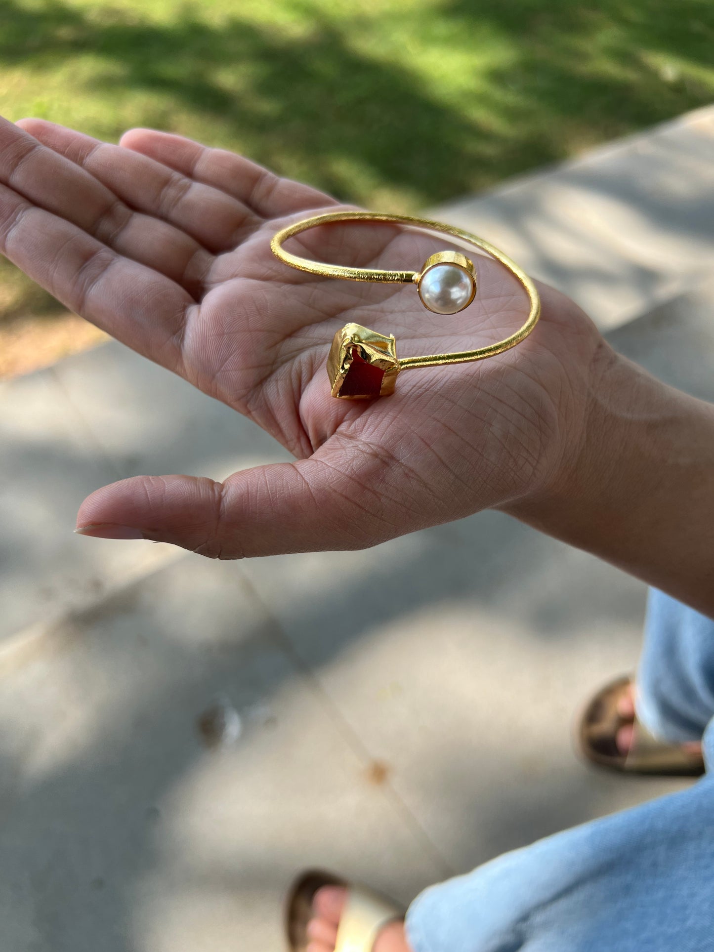 Gold Plated Raw Stone and Pearl Bangle