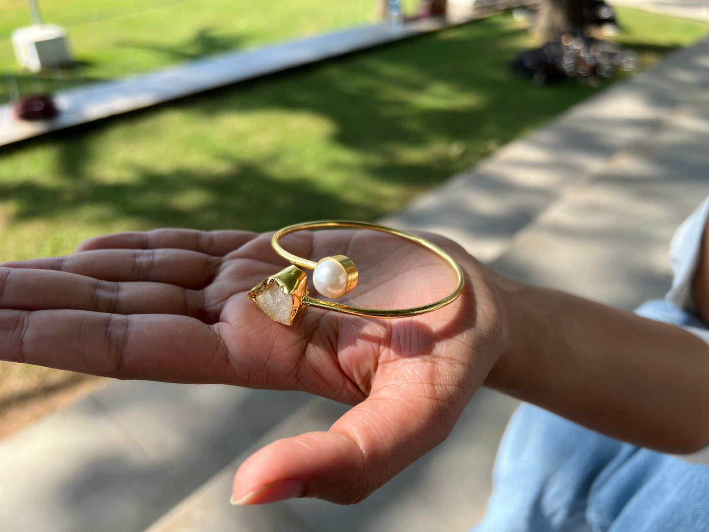 Gold Plated Raw Stone and Pearl Bangle