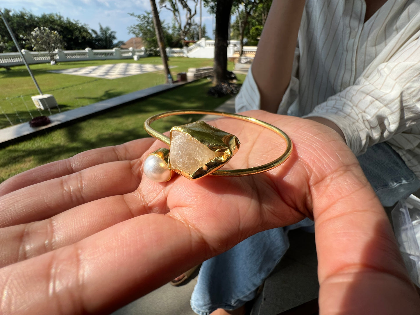 Gold Plated Raw Stone and Pearl Bangle