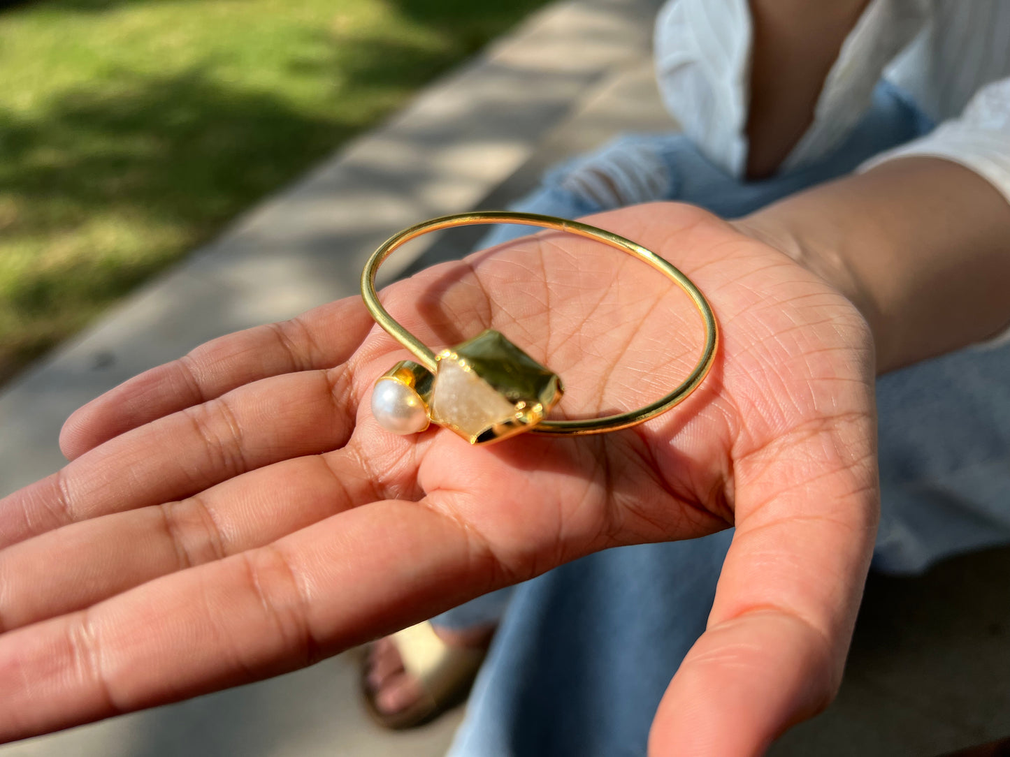 Gold Plated Raw Stone and Pearl Bangle