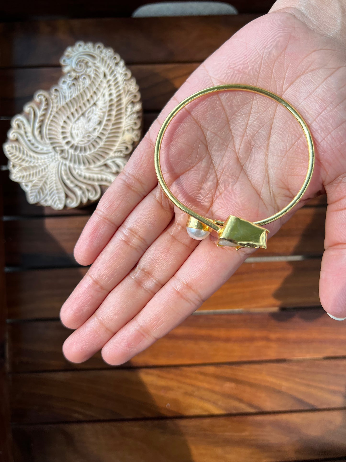 Gold Plated Raw Stone and Pearl Bangle