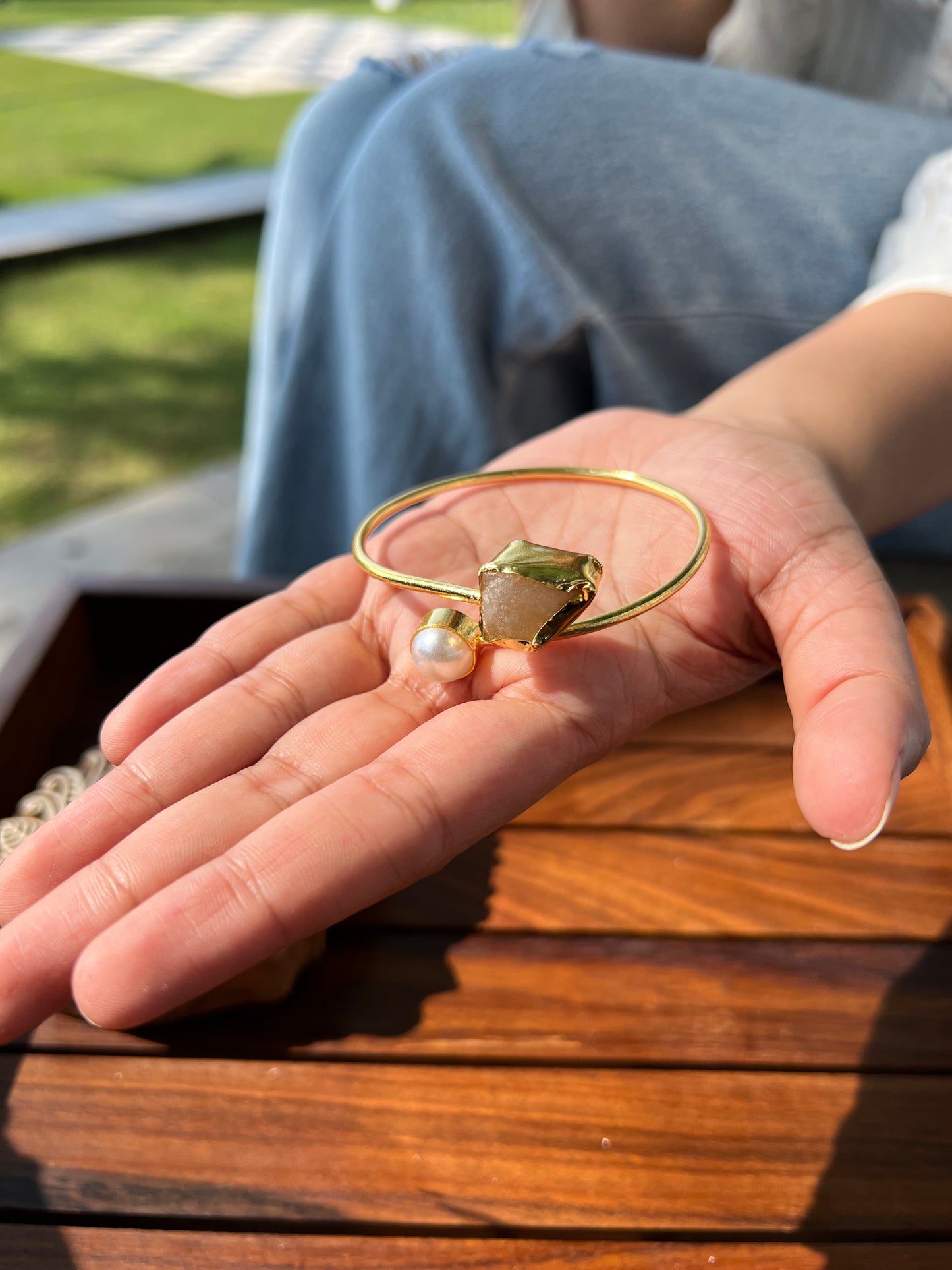 Gold Plated Raw Stone and Pearl Bangle