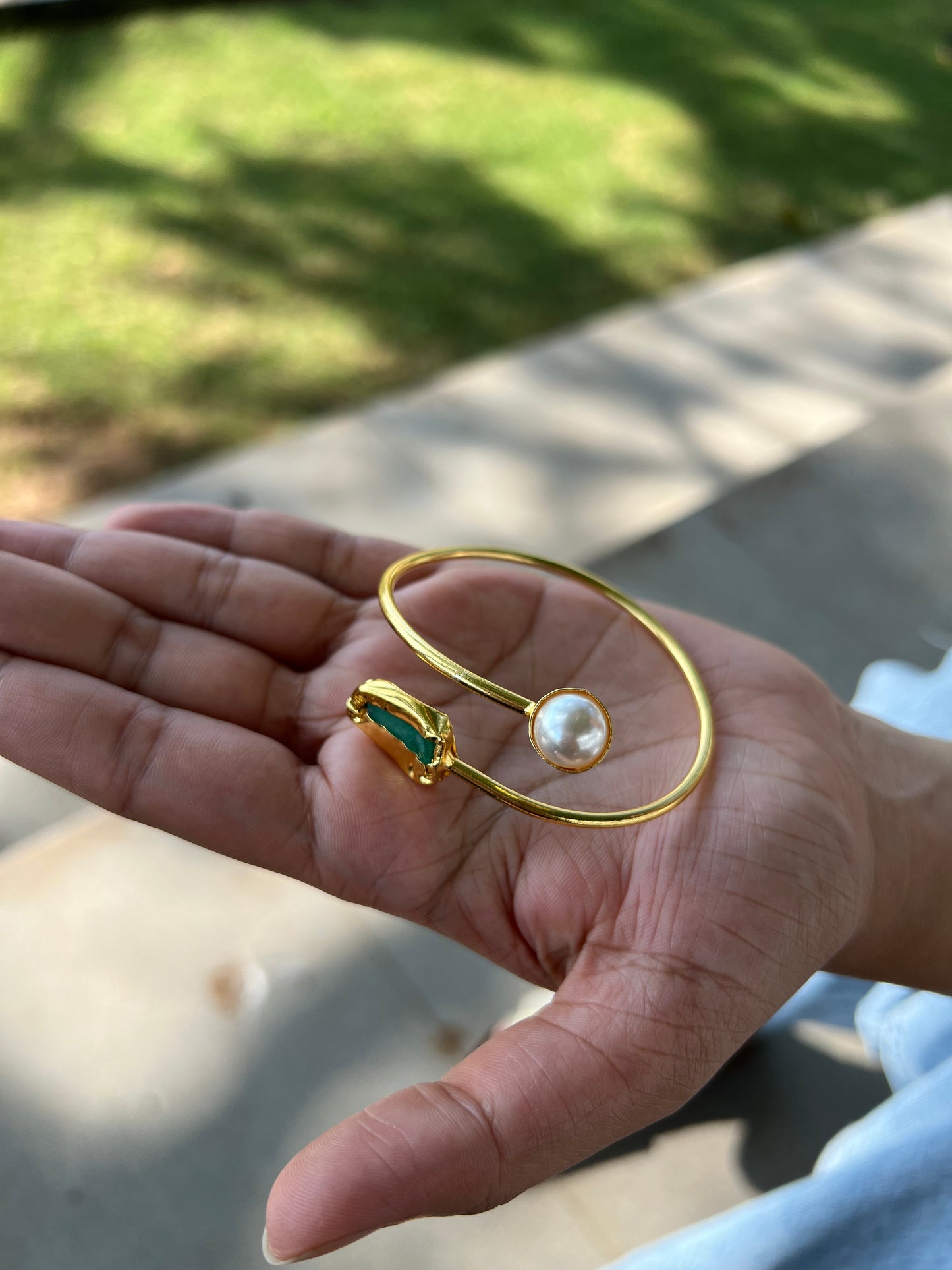 Gold Plated Raw Stone and Pearl Bangle