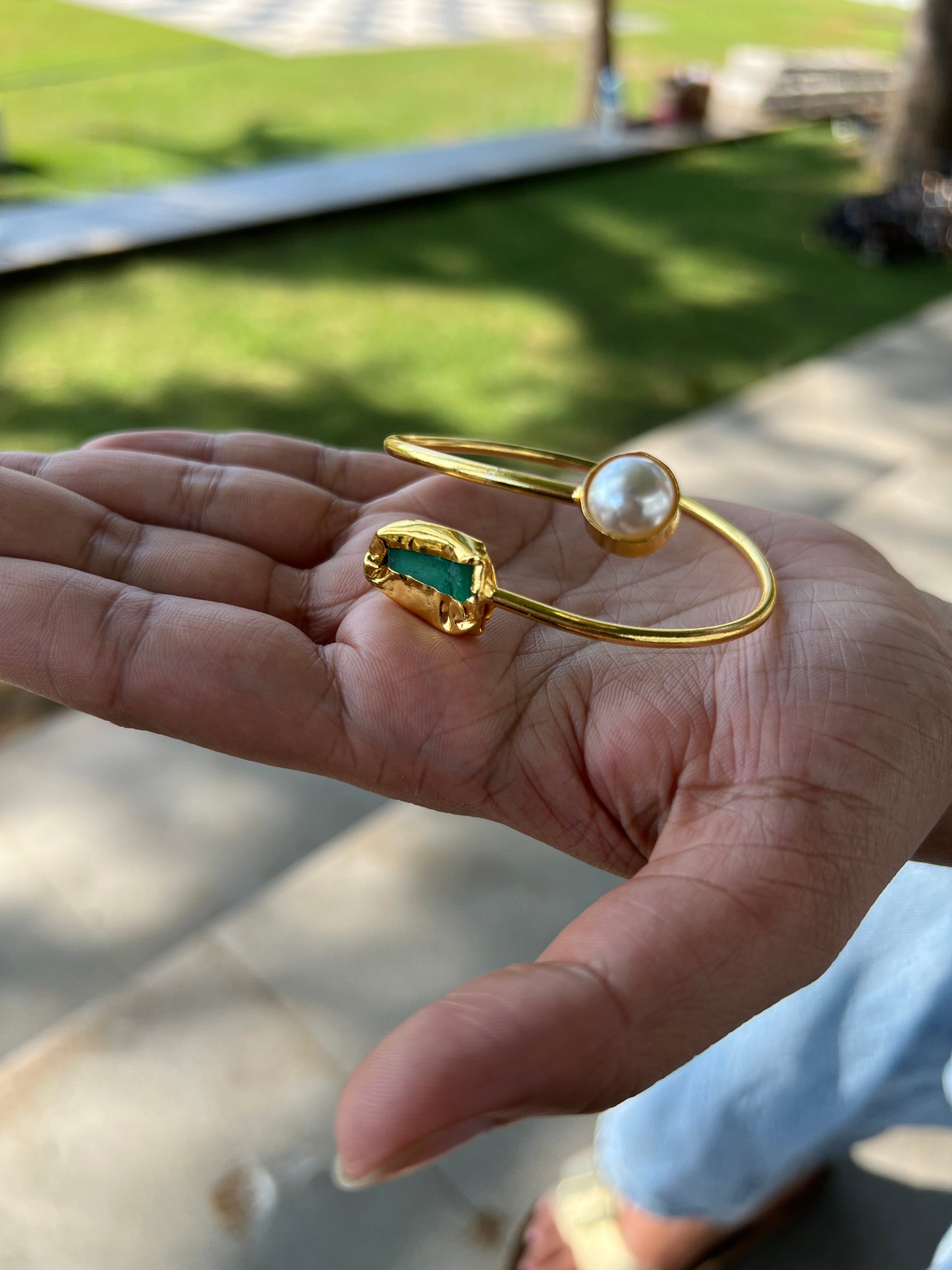 Gold Plated Raw Stone and Pearl Bangle