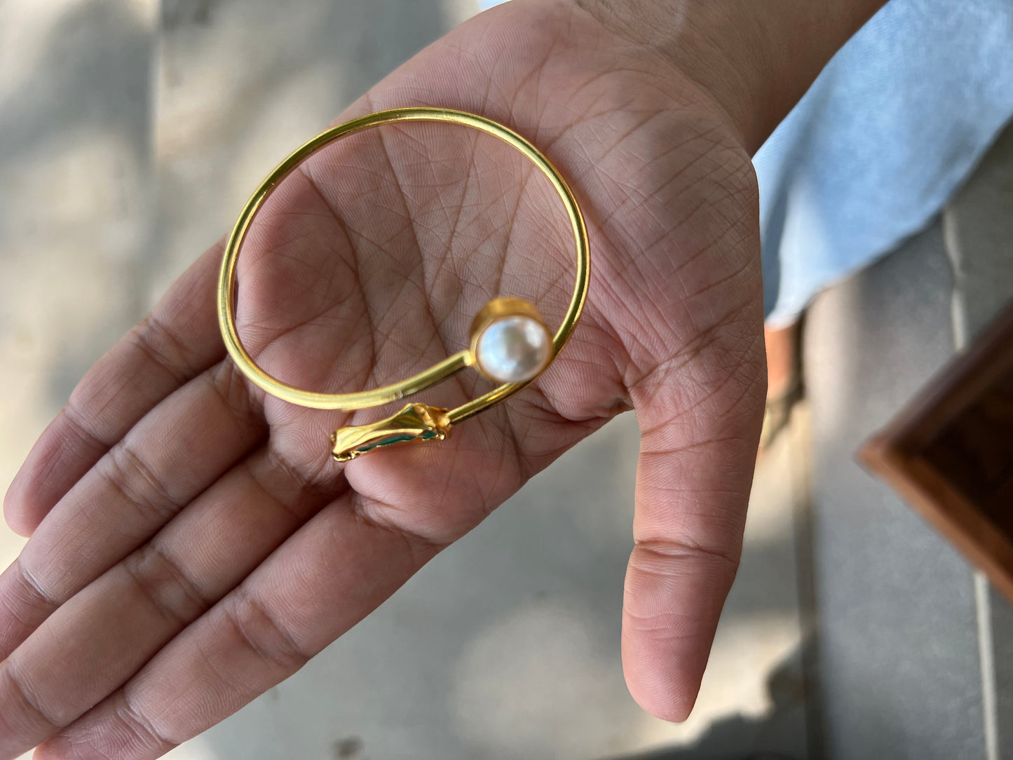 Gold Plated Raw Stone and Pearl Bangle