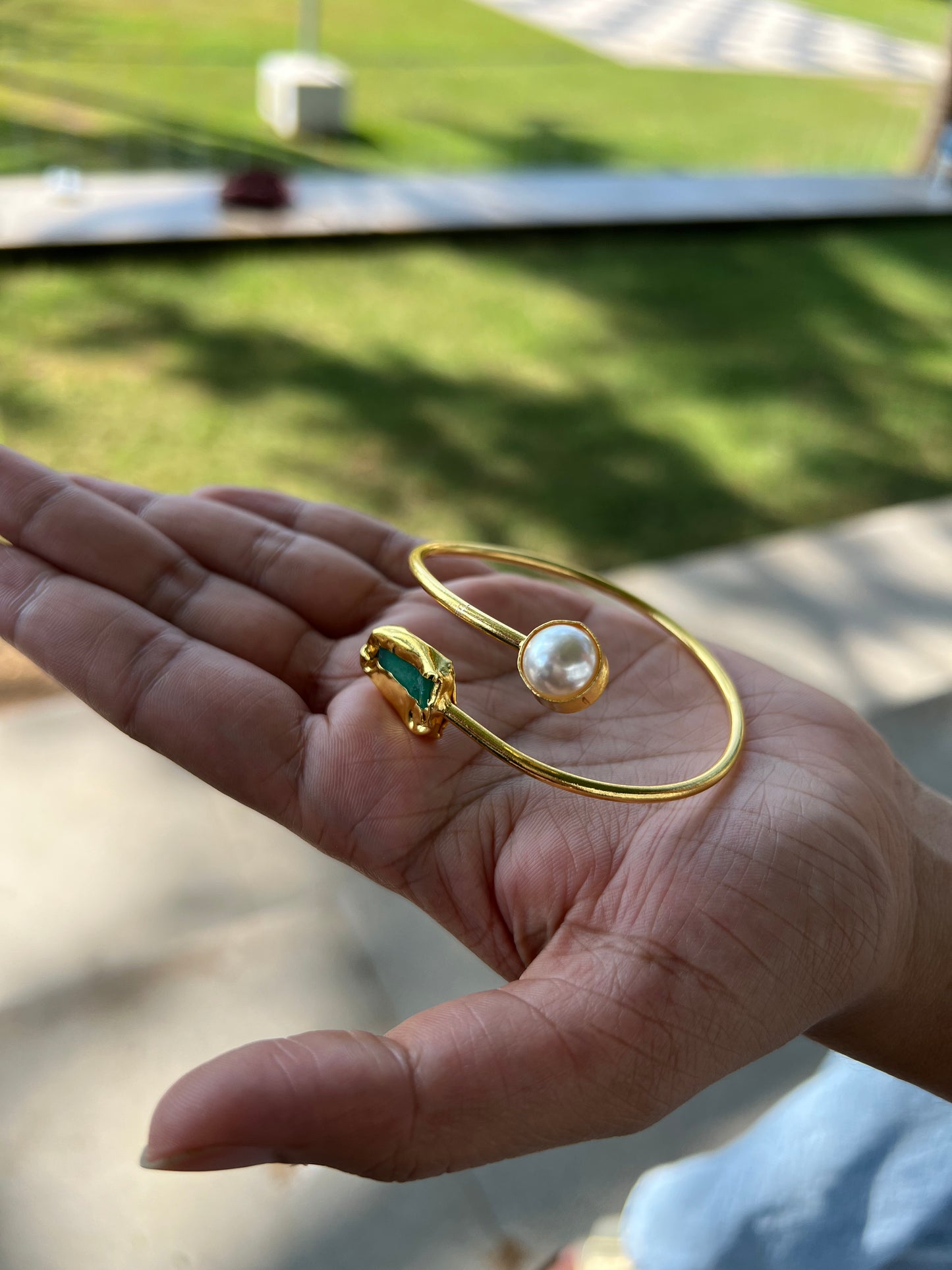 Gold Plated Raw Stone and Pearl Bangle