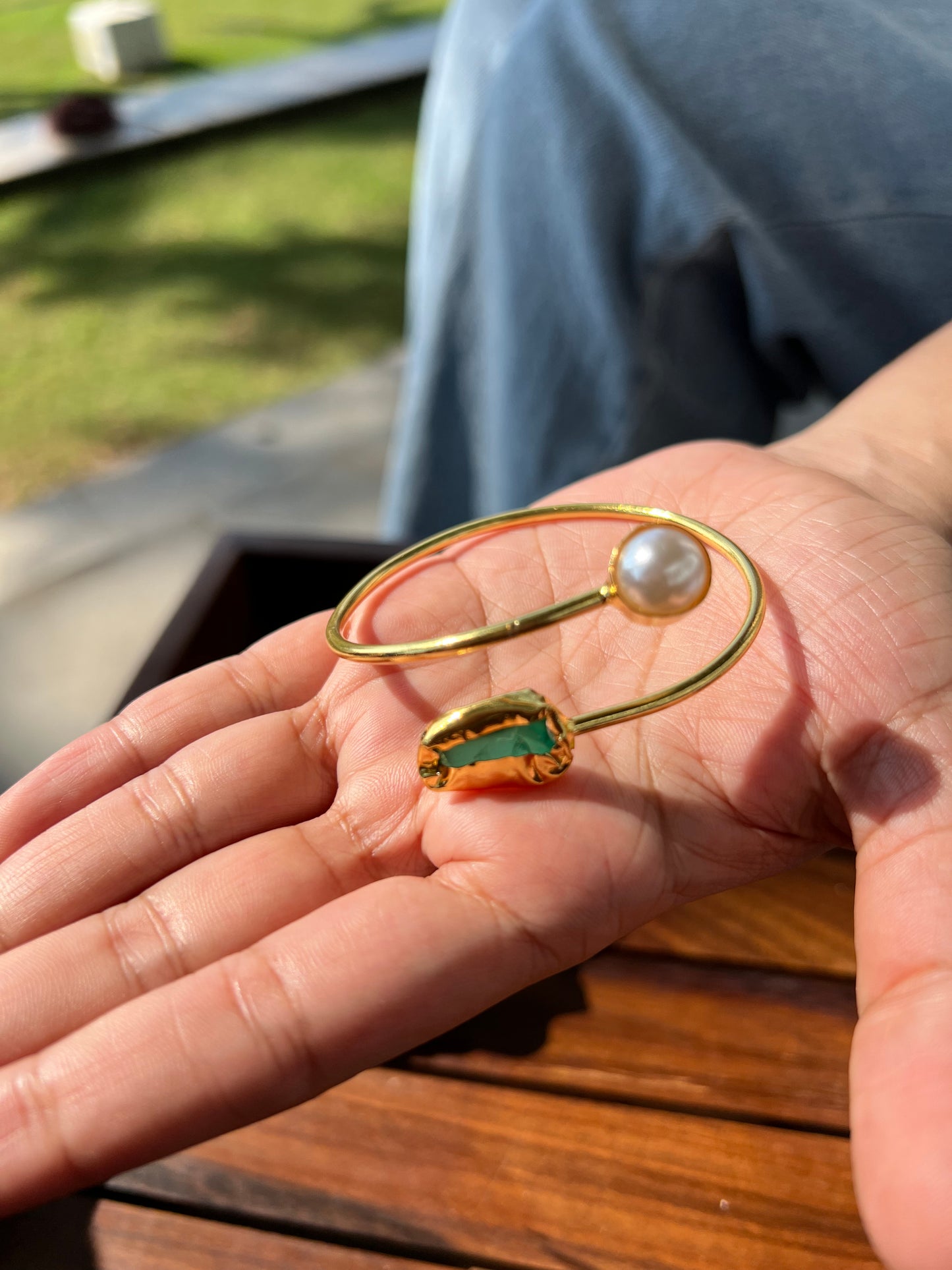 Gold Plated Raw Stone and Pearl Bangle