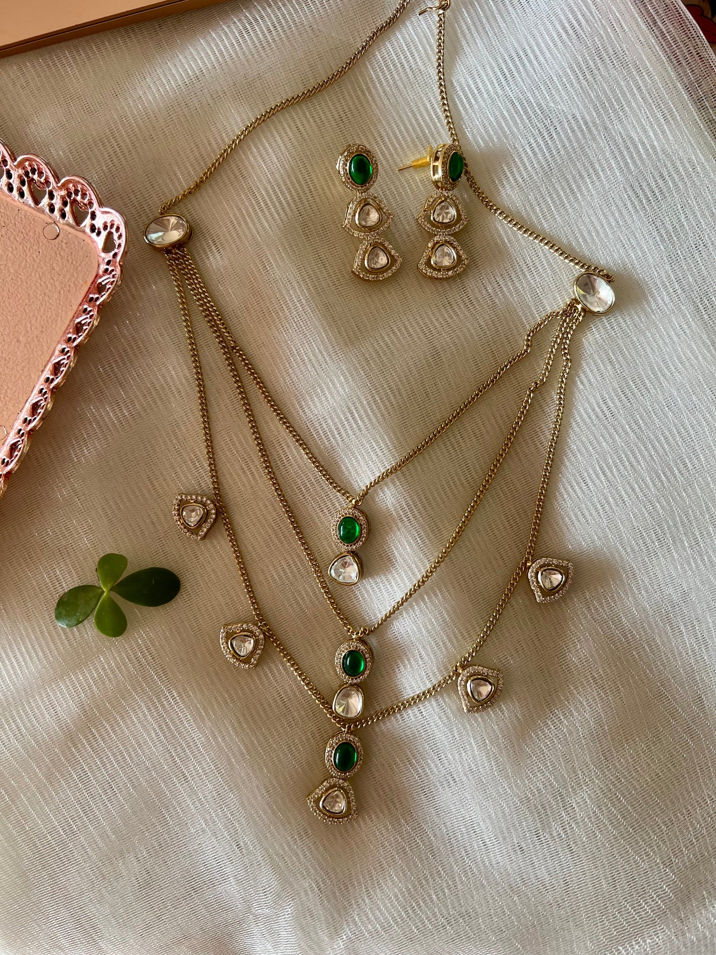 Polki Green Three Layered Necklace Set