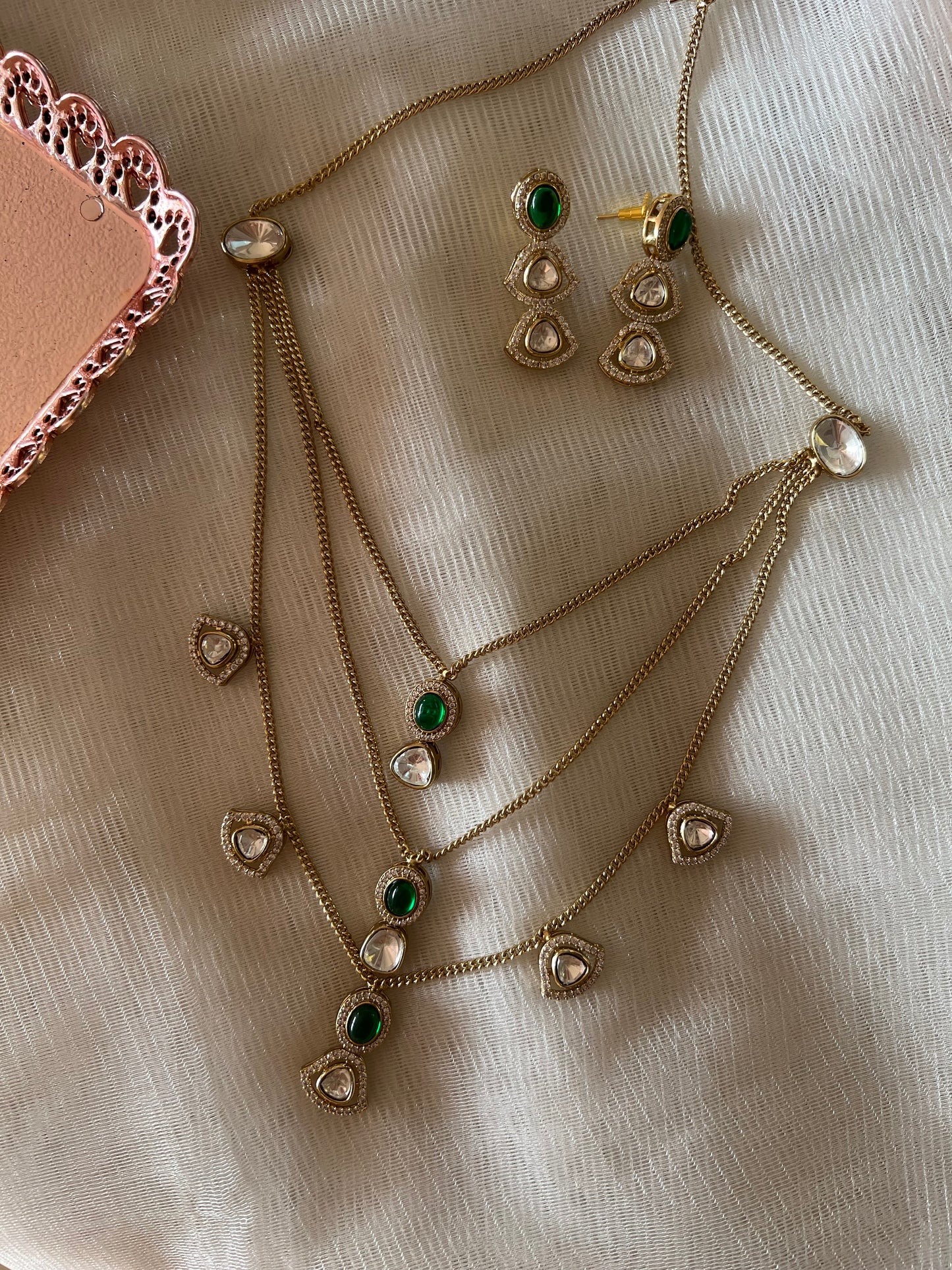 Polki Green Three Layered Necklace Set