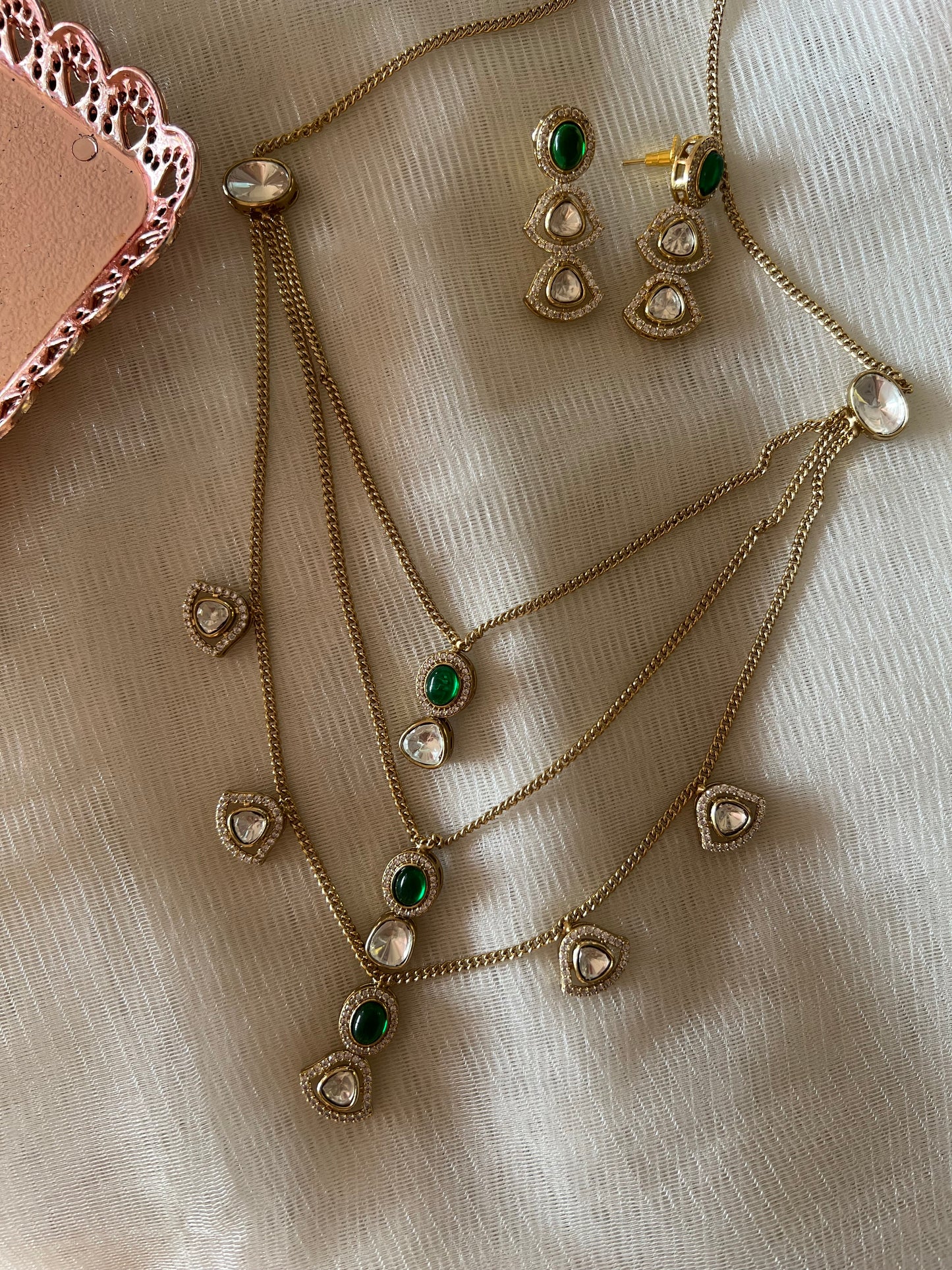 Polki Green Three Layered Necklace Set