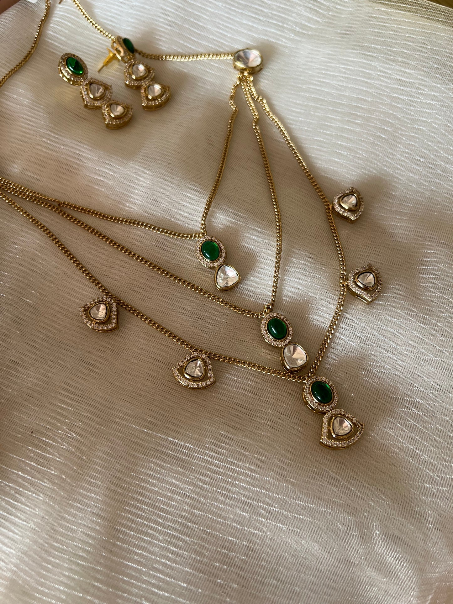 Polki Green Three Layered Necklace Set