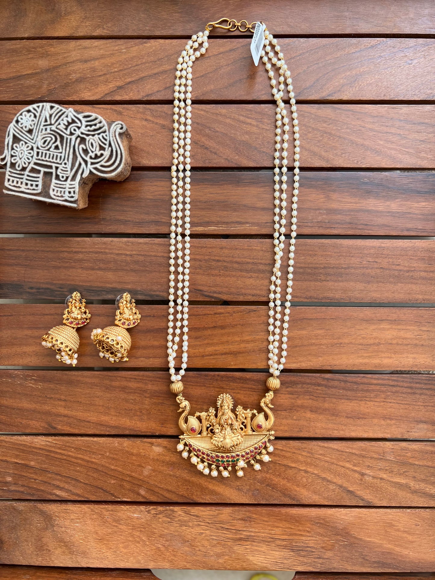 Gold Plated  Rice Pearl Temple Necklace Set