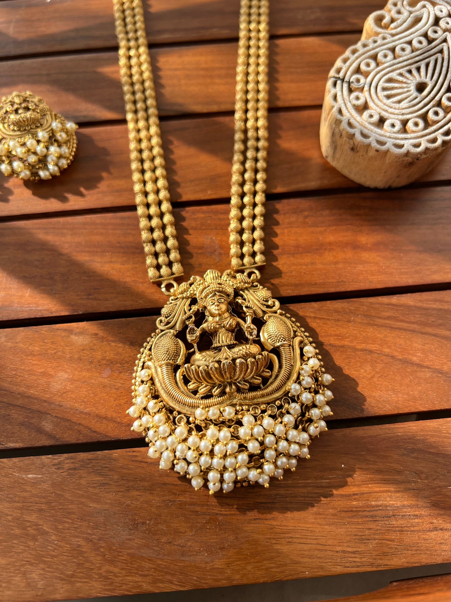 Gold Plated Temple Design Necklace with Earring