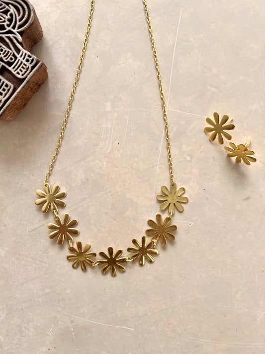 Gold Plated Floral Necklace with Earring