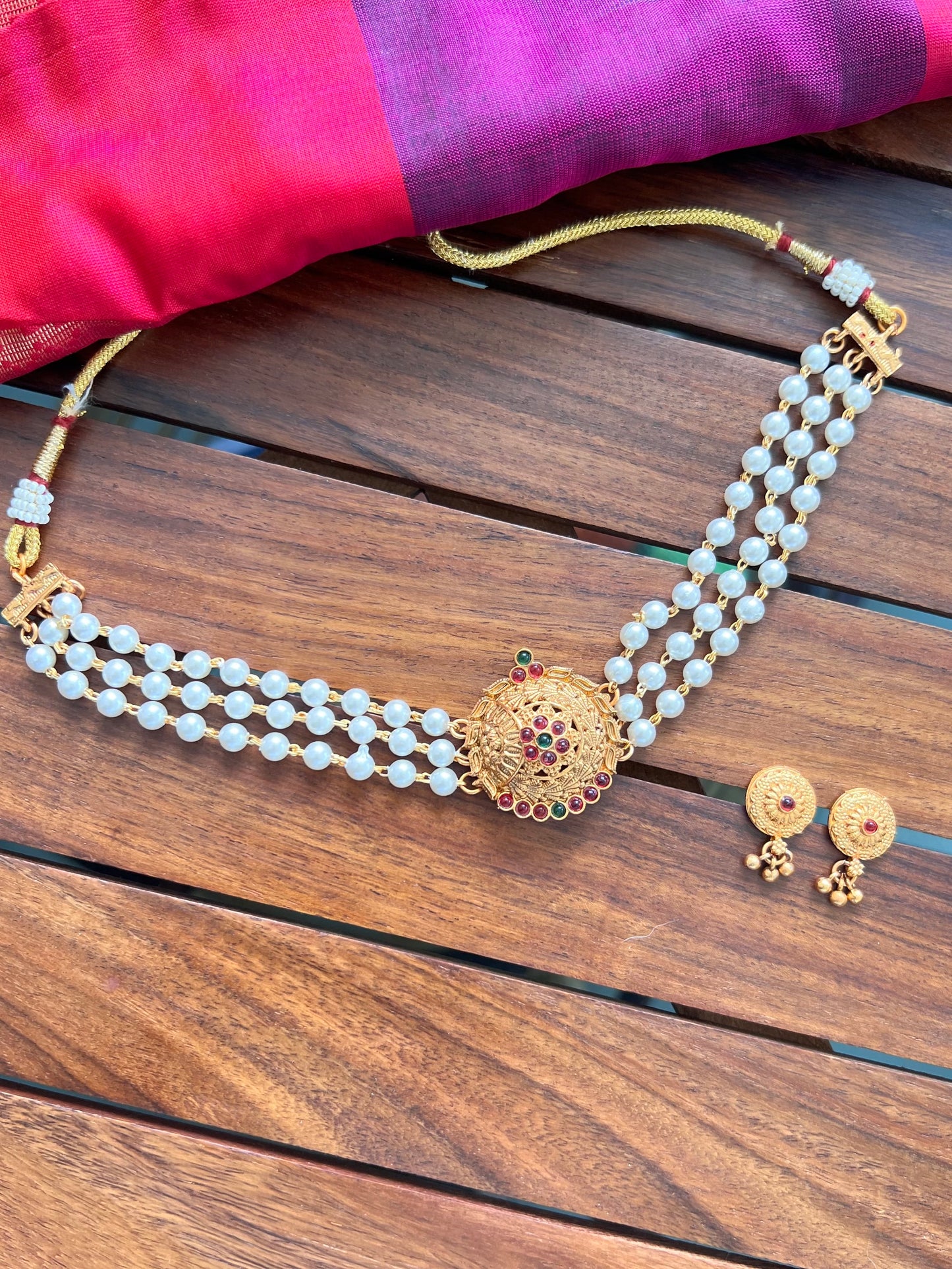 Three Layer Pearl Choker with Pendant Set