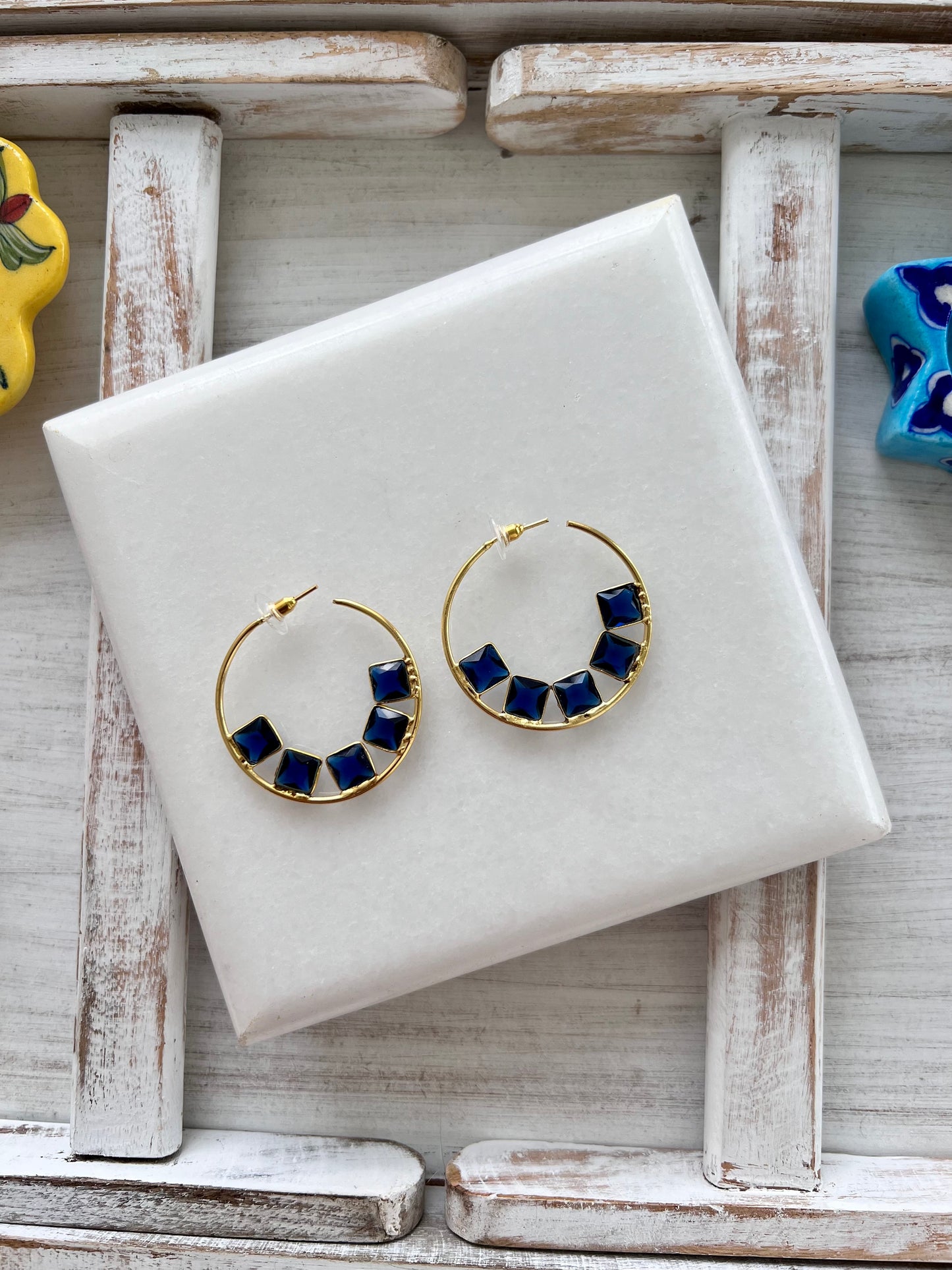 Gold Plated Blue Stone Hoop Earring