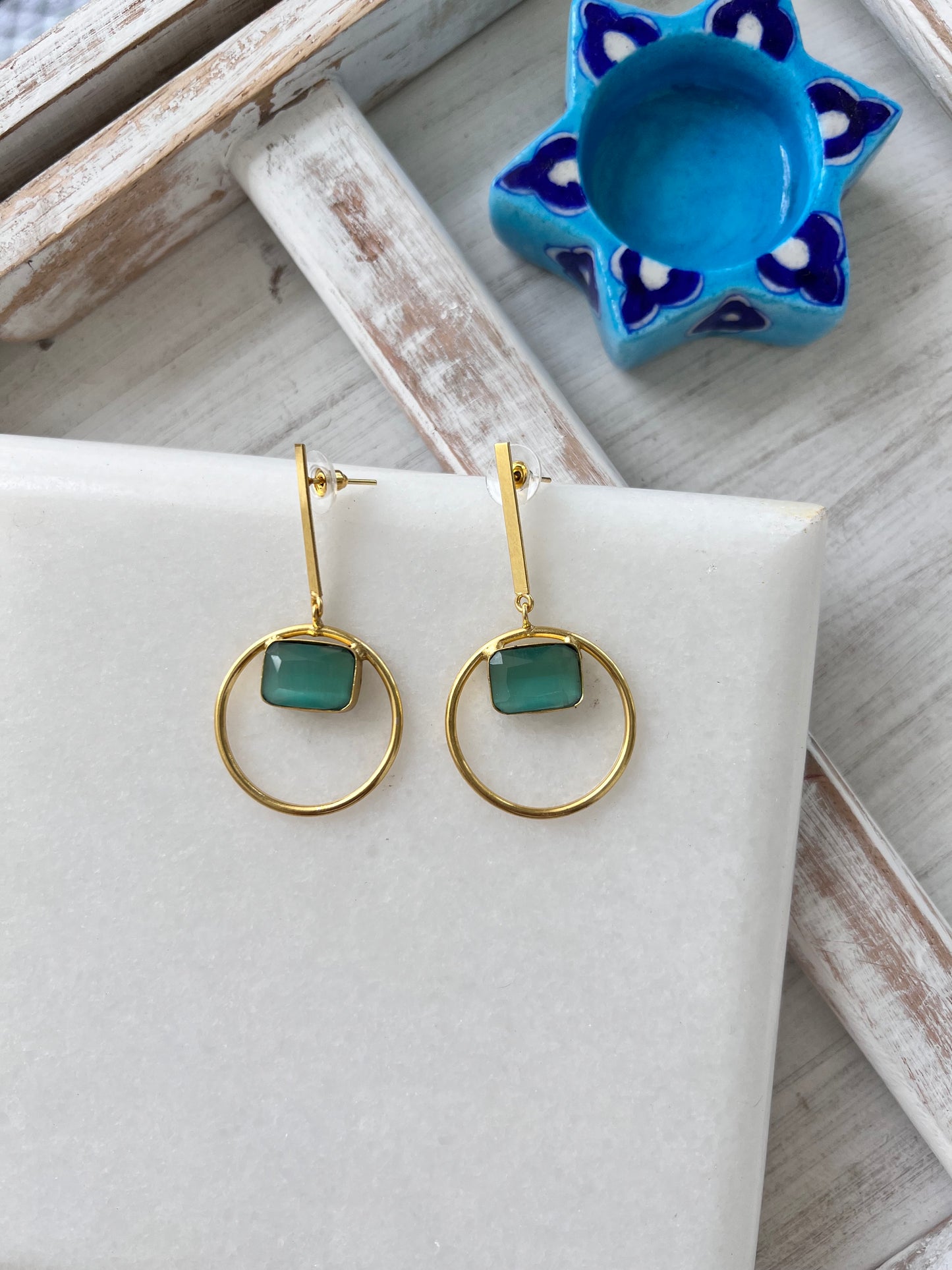 Gold Plated Green Stone Statement Earring