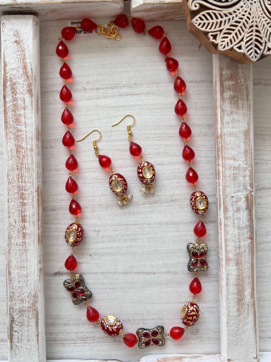 Maroon Bead Necklace with Earring