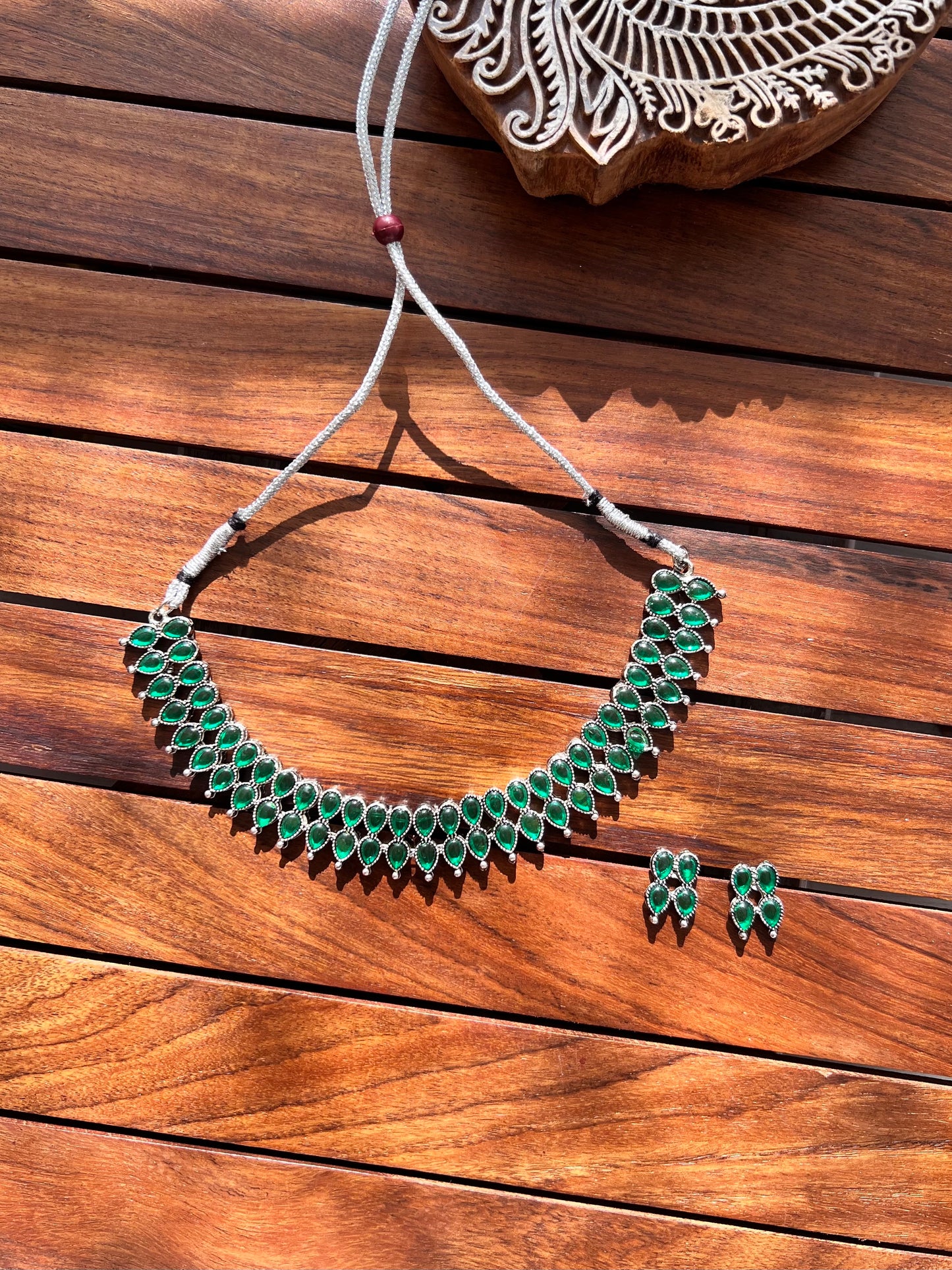 Oxidised Green Necklace with Earring
