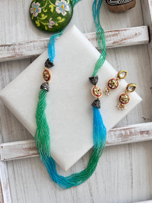 Double Color Long Bead Necklace with Earring