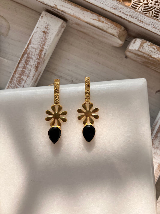 Black Stone Gold Plated Flower Statement Earring