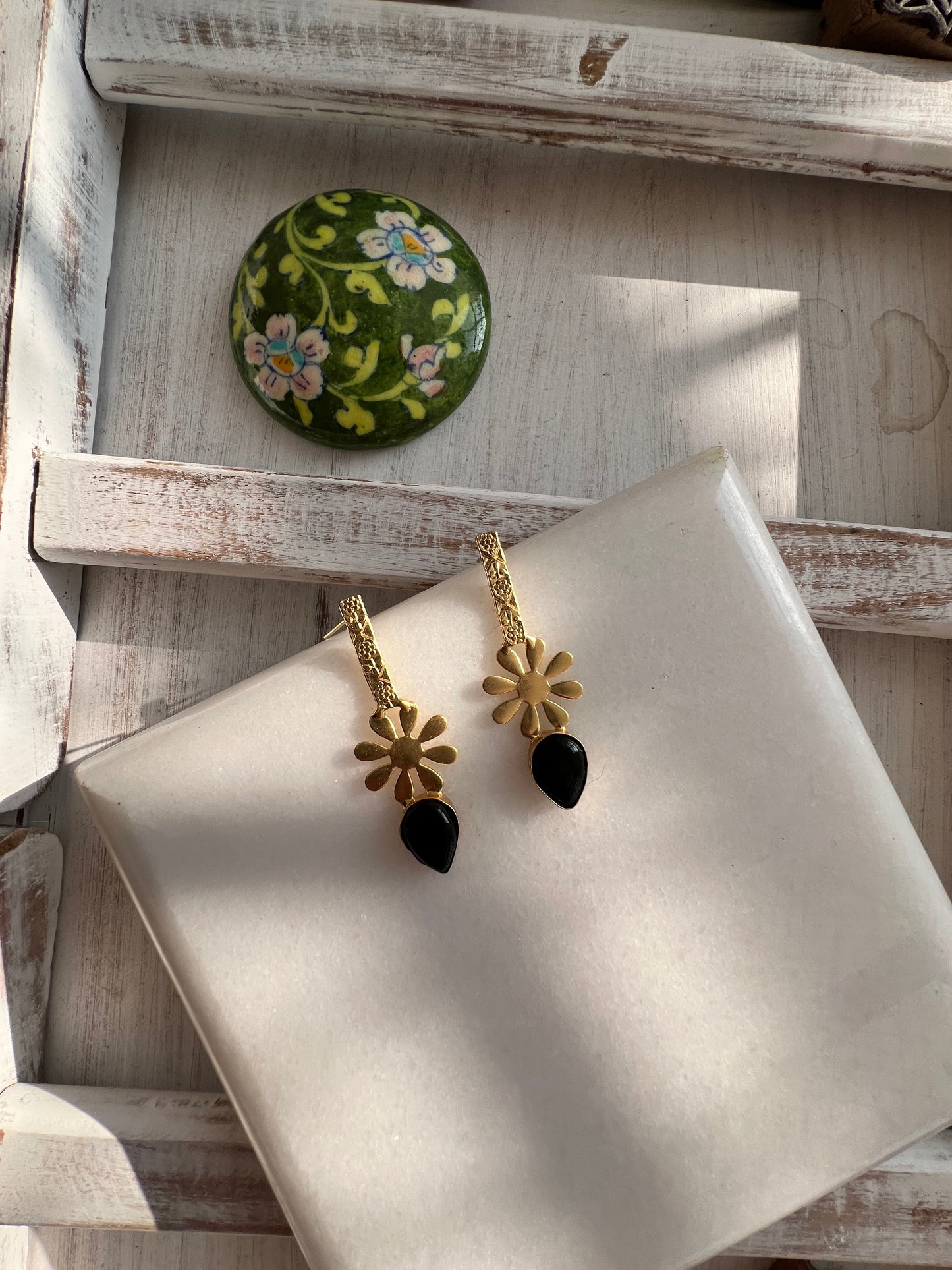 Black Stone Gold Plated Flower Statement Earring