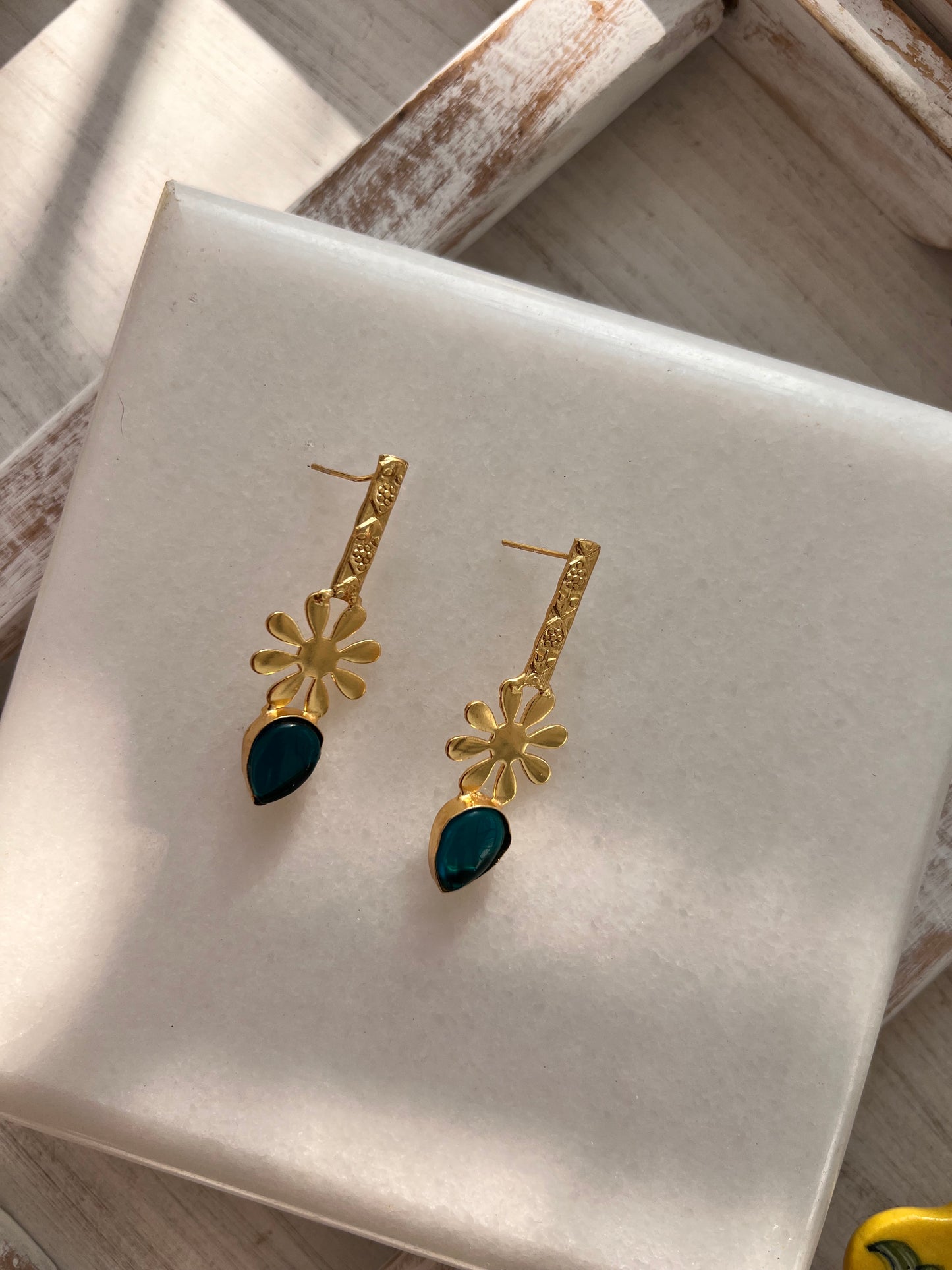 Green Stone Gold Plated Flower Statement Earring
