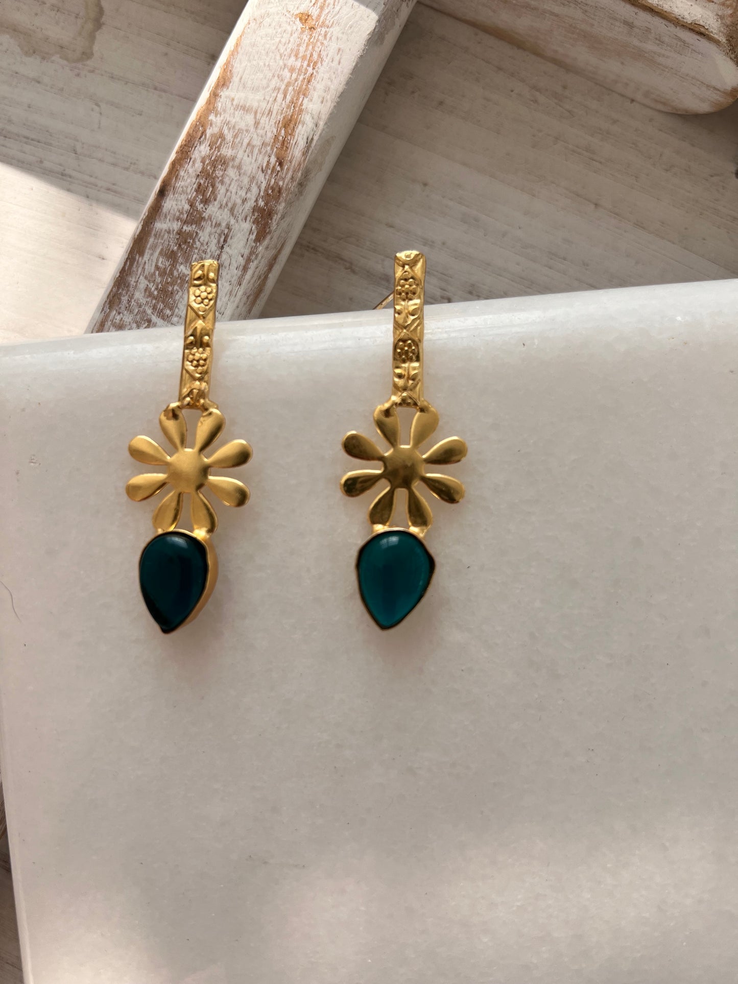 Green Stone Gold Plated Flower Statement Earring