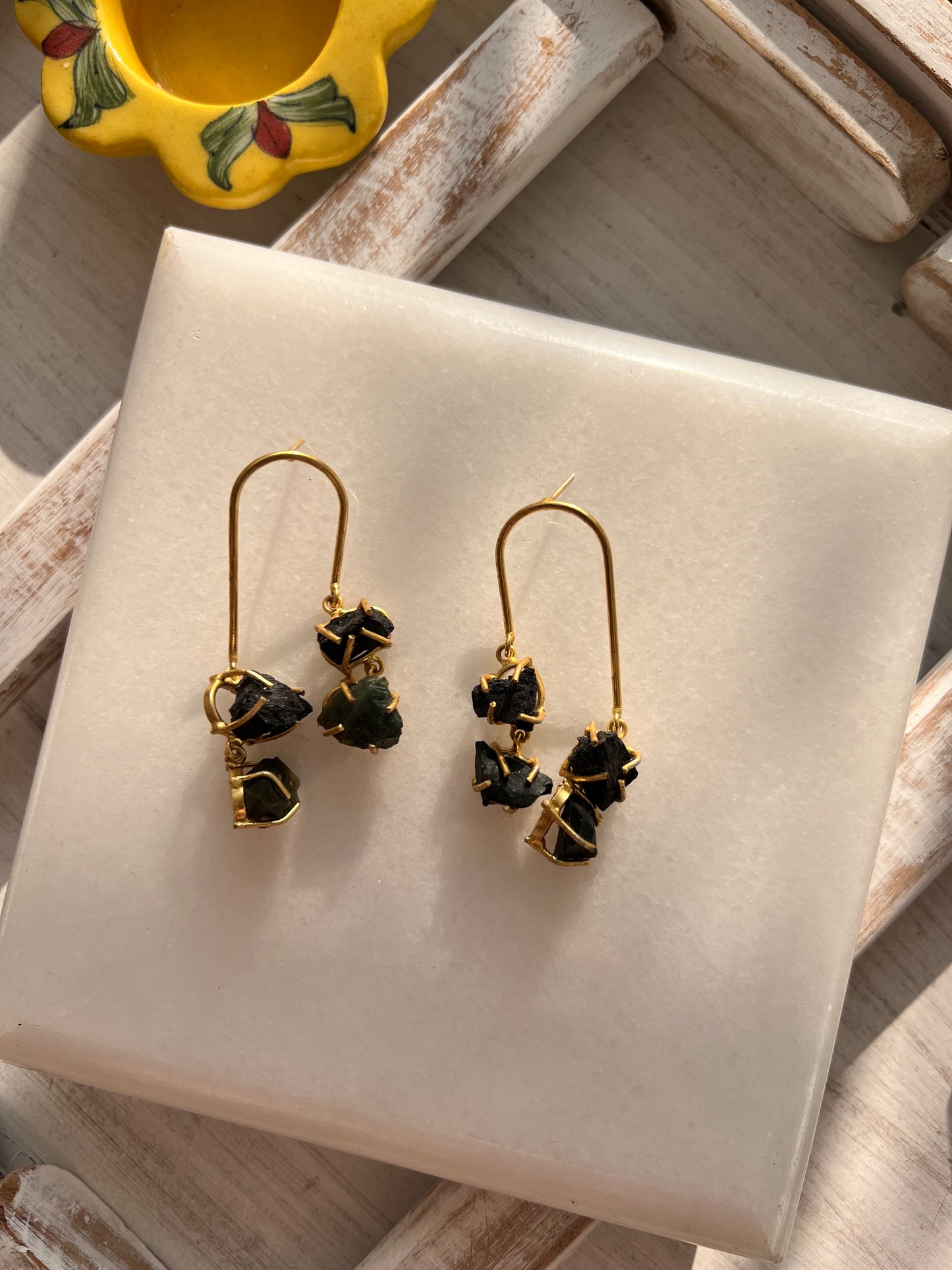 Black Raw Stone Gold Plated Statement Earring