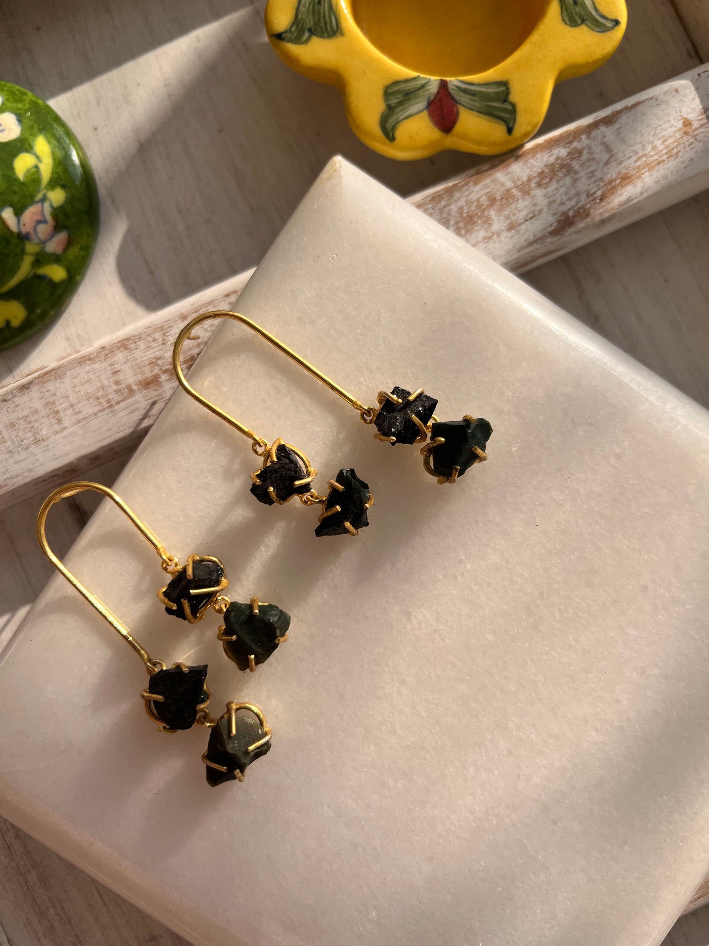 Black Raw Stone Gold Plated Statement Earring