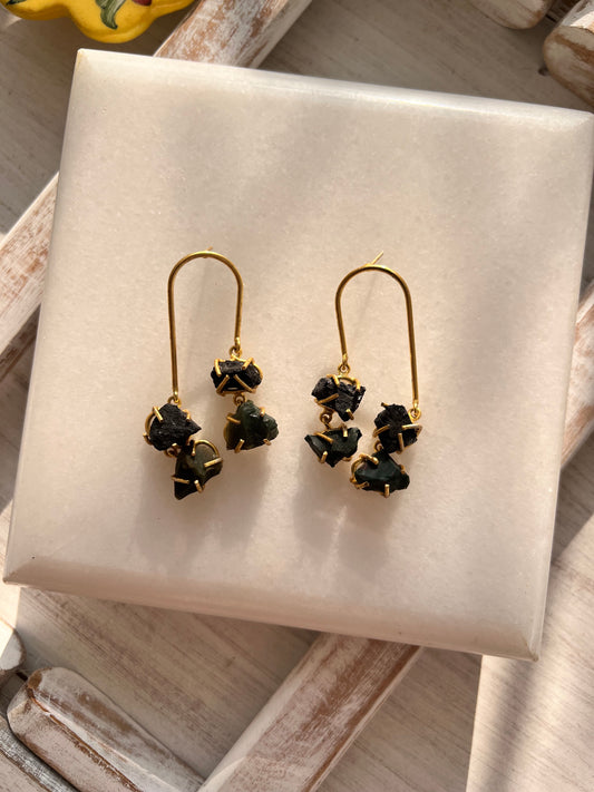 Black Stone Gold Plated Statement Earring