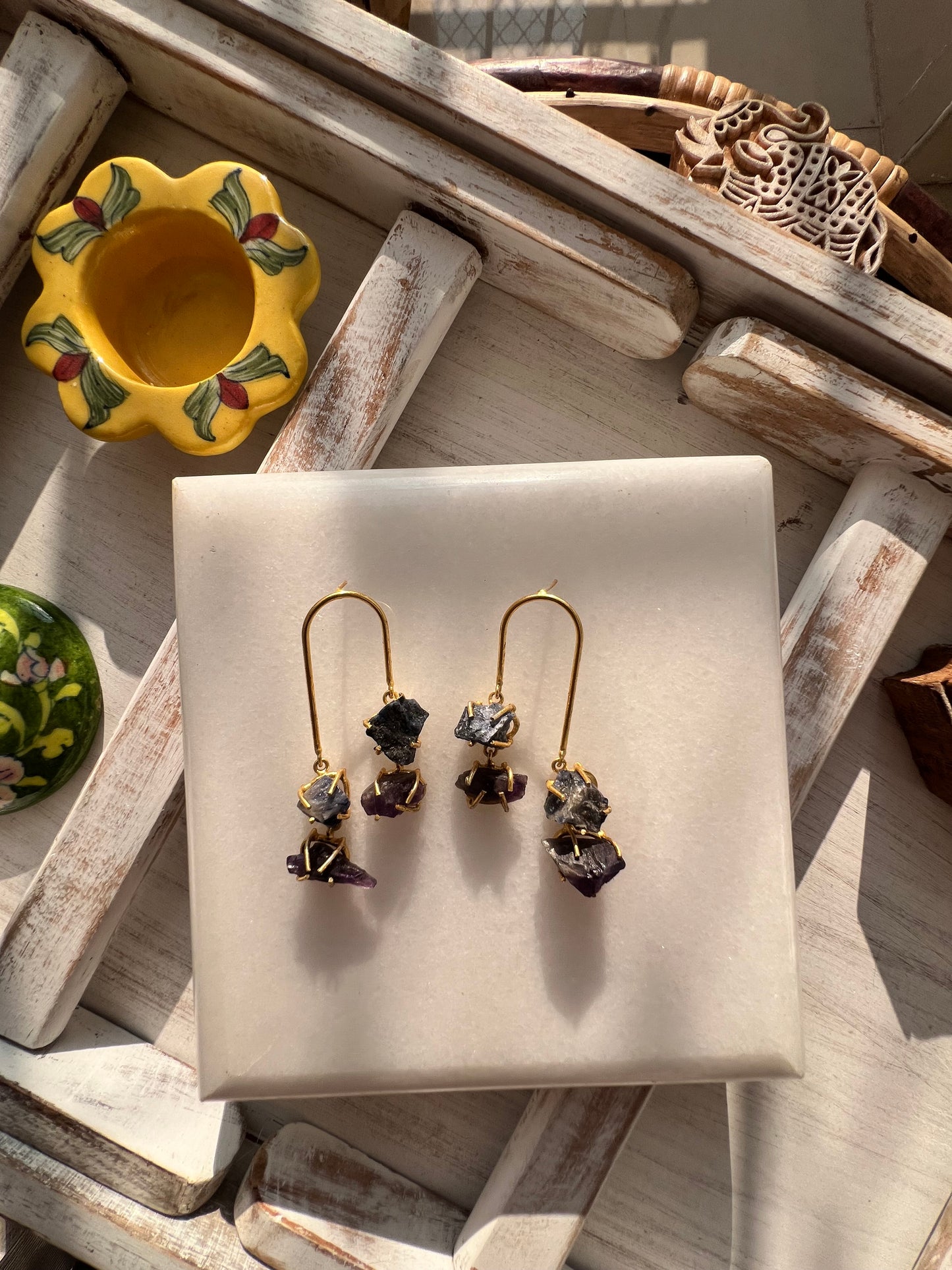 Black Stone Gold Plated Statement Earring