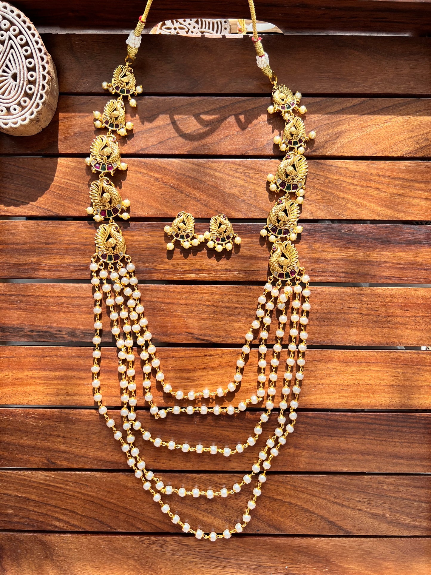 5 Layer Long Pearl Necklace with Earring