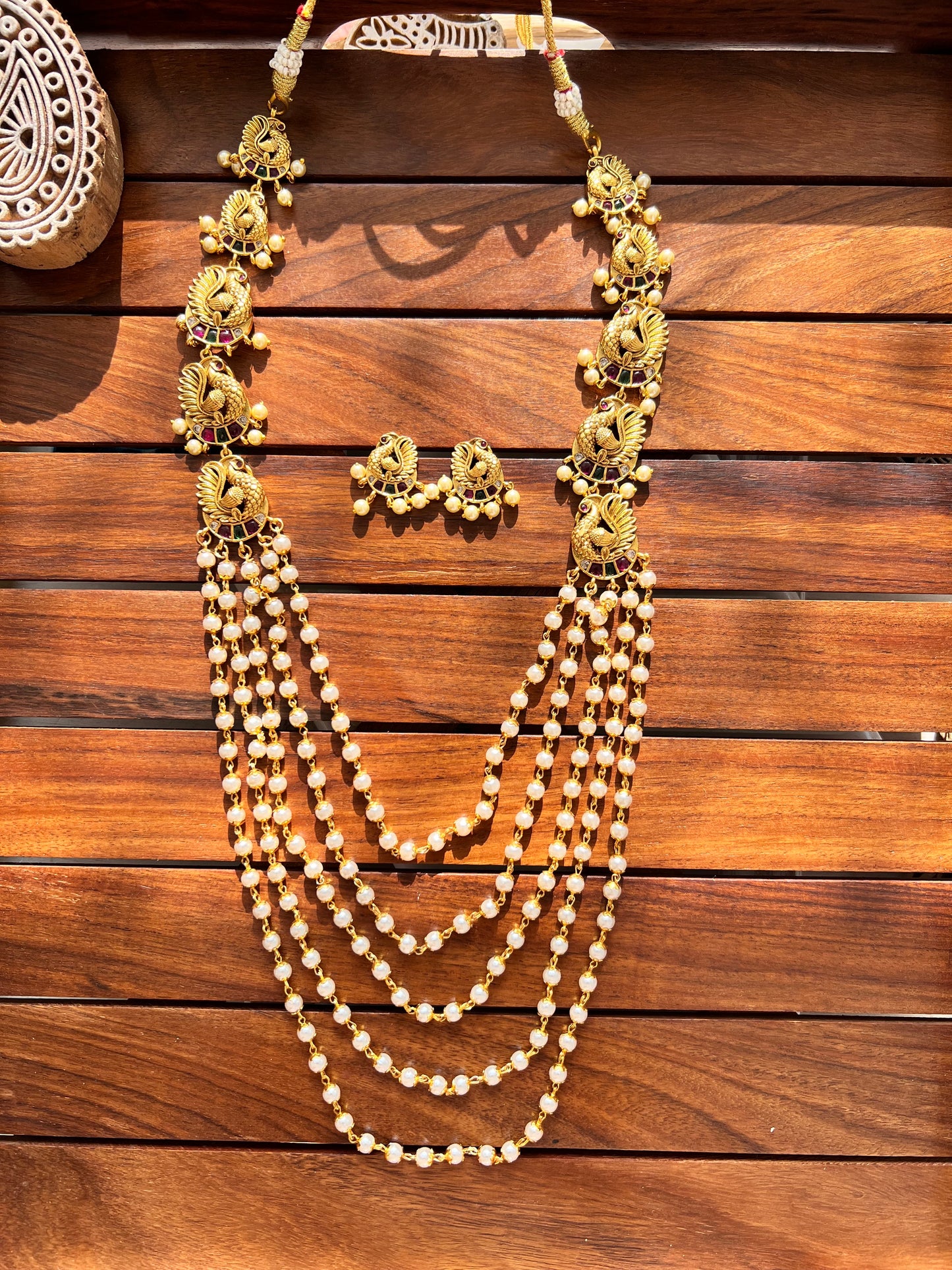 5 Layer Long Pearl Necklace with Earring