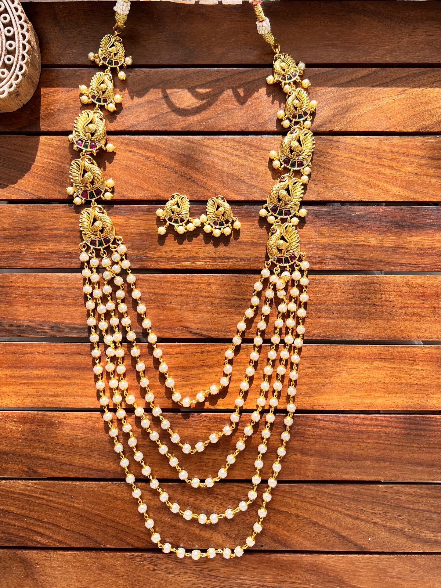 5 Layer Long Pearl Necklace with Earring