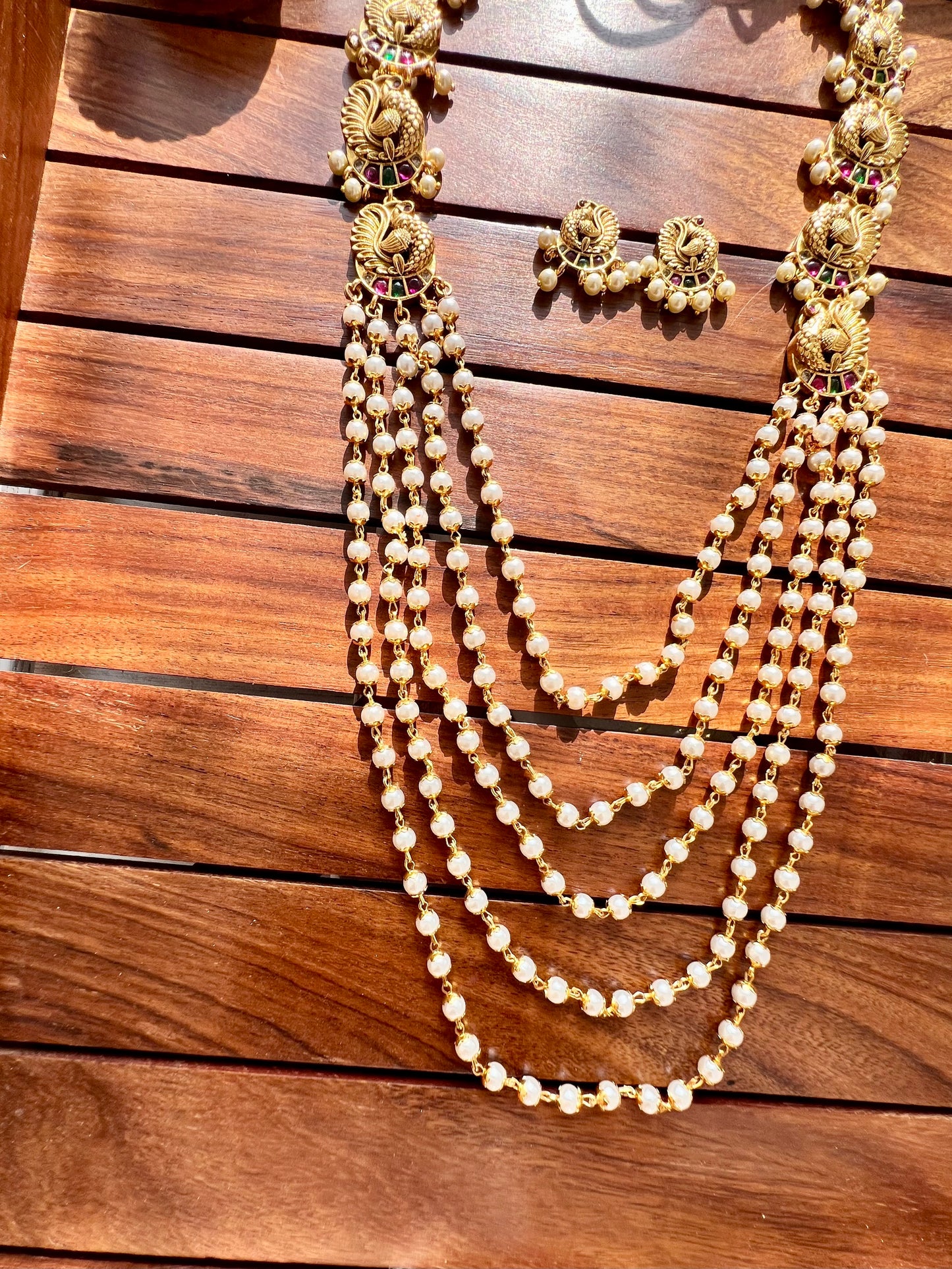 5 Layer Long Pearl Necklace with Earring