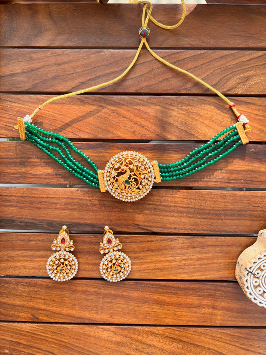 Gold Plated Green Semi Precious Necklace with Earing Set