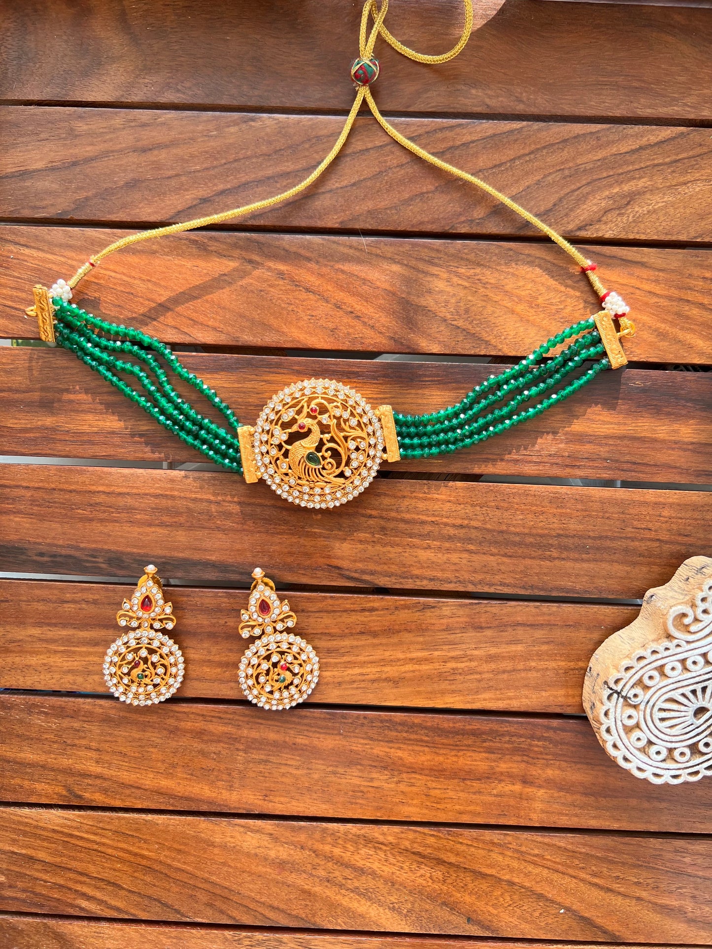 Gold Plated Green Semi Precious Necklace with Earing Set