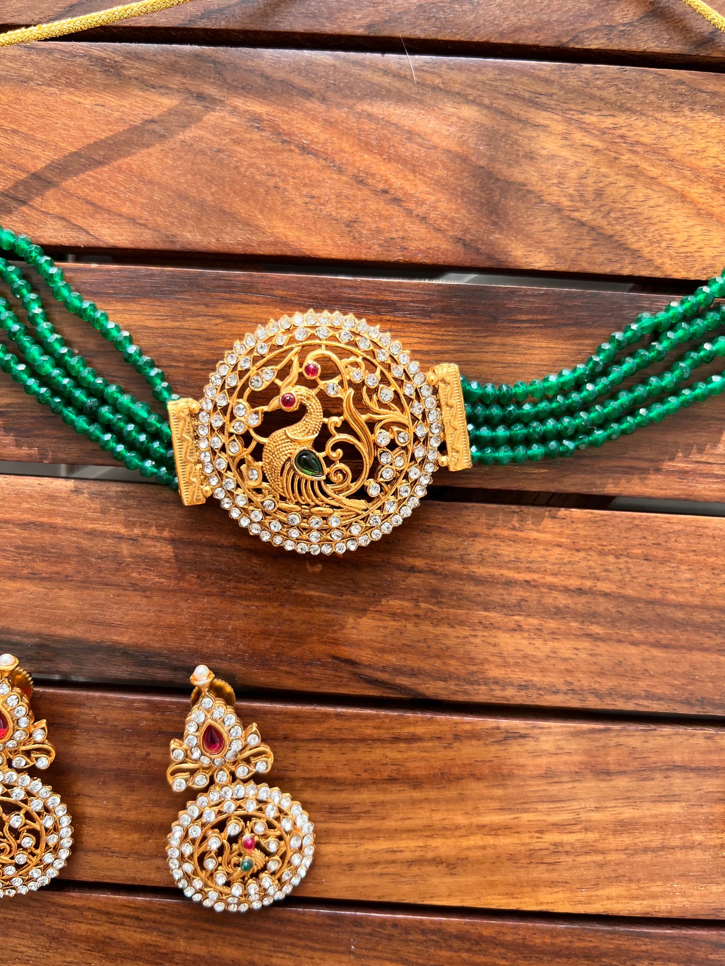 Gold Plated Green Semi Precious Necklace with Earing Set