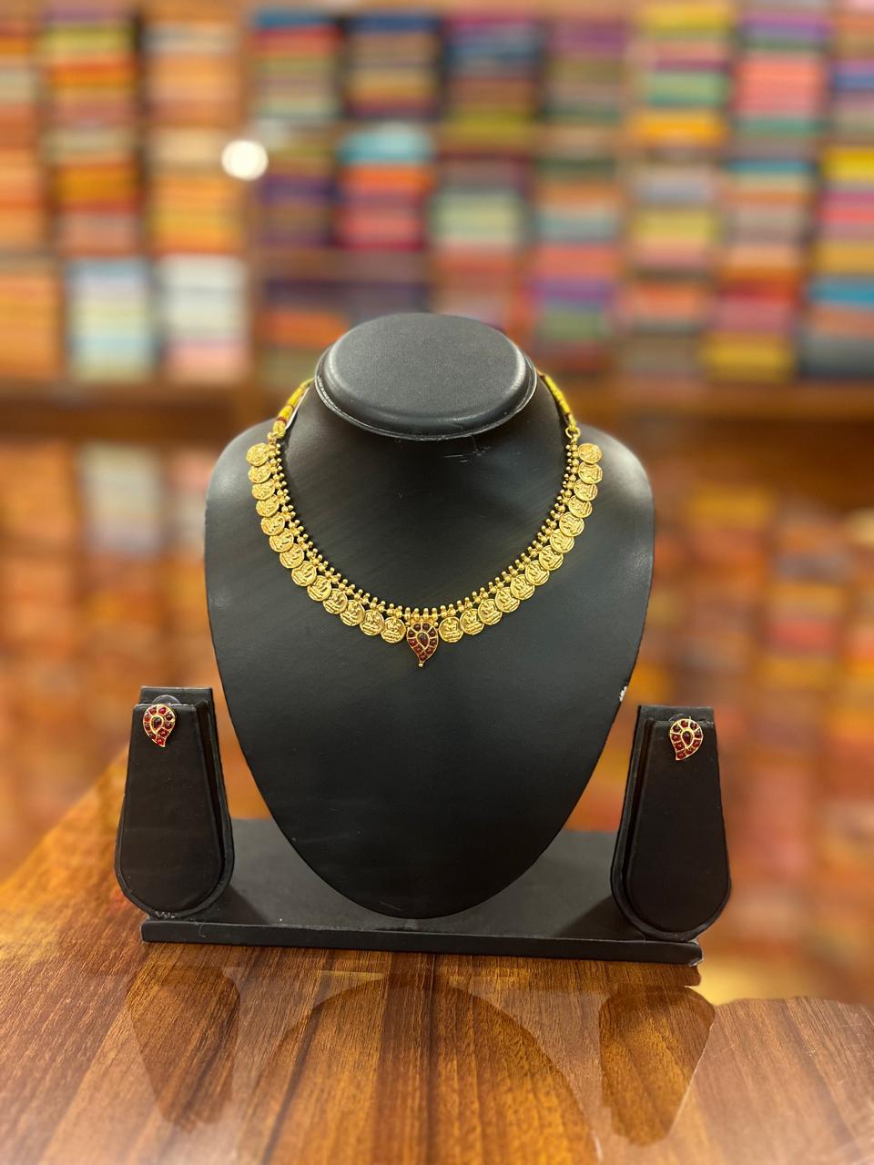 Gold Plated Temple Design Necklace with Earring
